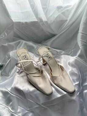 Ivory Satin Lace-Up Mule Heels | Balletcore Bridal Shoes SIZE 10